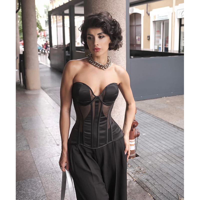 Boning Corset Steel - Mulheres gótico Slim Bustier Top, malha