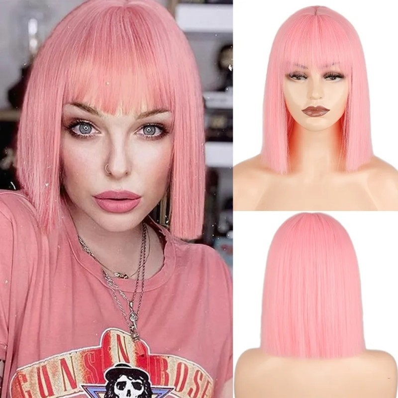 Wig Fiber Net - Peruca feminina reta com franja leve,